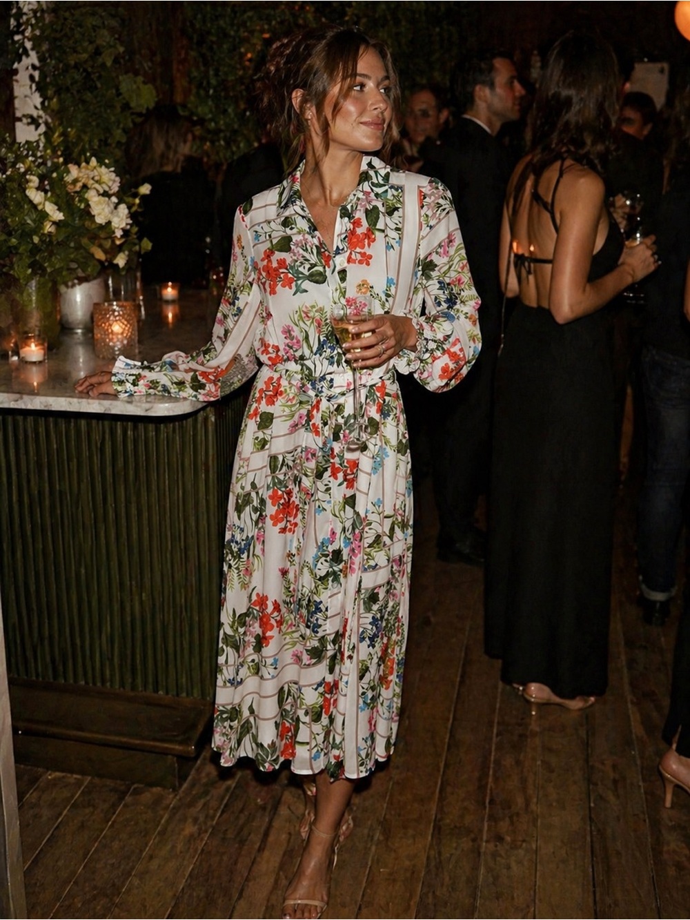 New York & Company Cream Floral Button-Front Dress